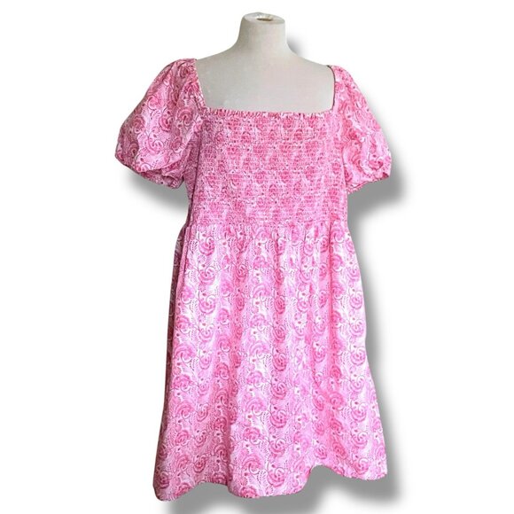 J Crew Womens Mini Dress Sz 3X Pink White Floral Puff Sleeve Smocked Coquette - Picture 4 of 9